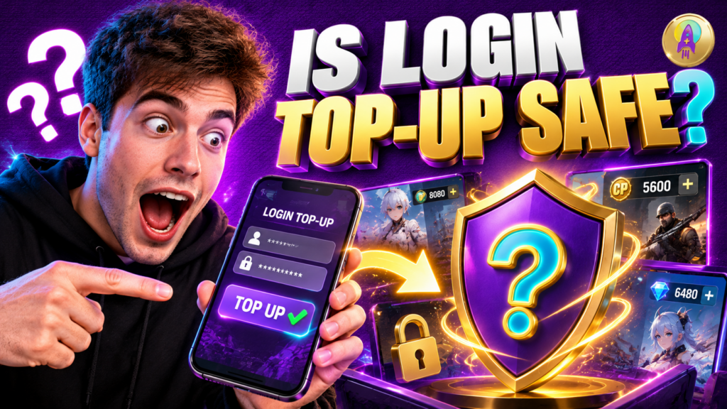 Surprised gamer reacting to the question of whether BuffUpNow Login Top-Up is safe, with a purple and gold security shield.