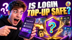 Surprised gamer reacting to the question of whether BuffUpNow Login Top-Up is safe, with a purple and gold security shield.