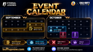 Eternal Legends Call of Duty: Mobile tournament calendar showing registration, Group Stage, Semi-Finals, and Finals dates.