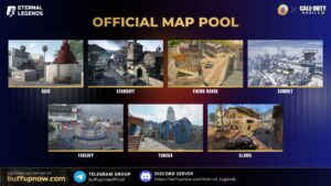 Official Eternal Legends Call of Duty: Mobile map pool featuring Raid, Standoff, Firing Range, Summit, Takeoff, Tunisia, and Slums for Search & Destroy 5v5.