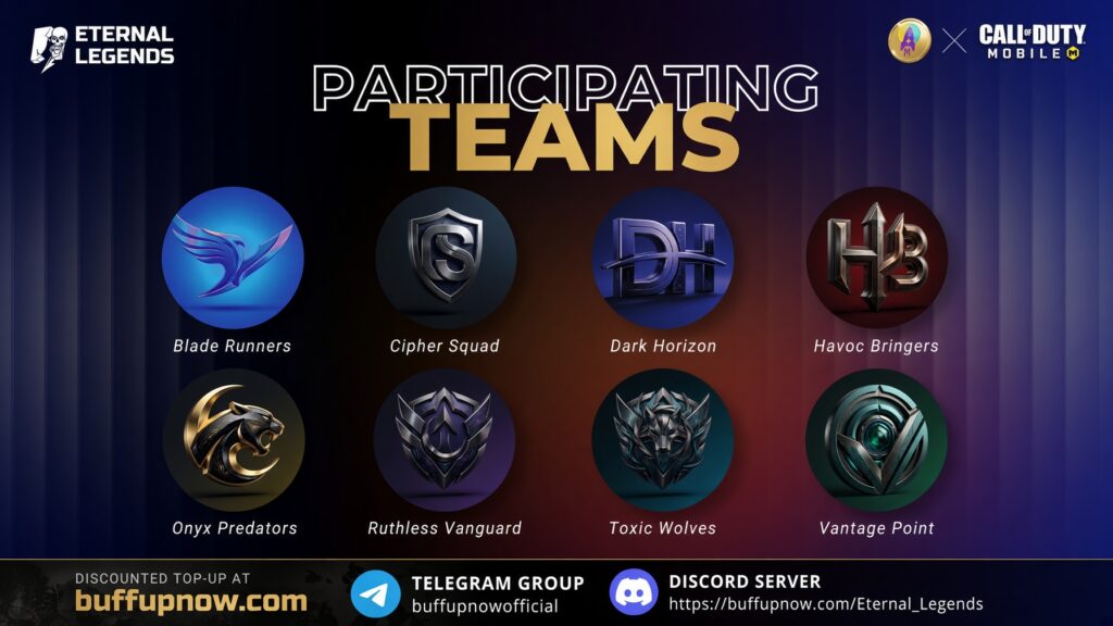 Eternal Legends Call of Duty: Mobile tournament announcement featuring the eight official participating clans.
